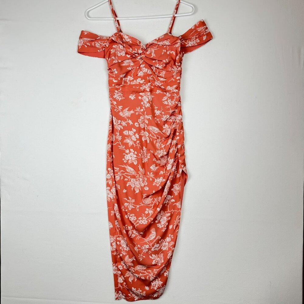 Abercrombie & Fitch Ruched  Off the Shoulder Coral Midi Dress Floral Party